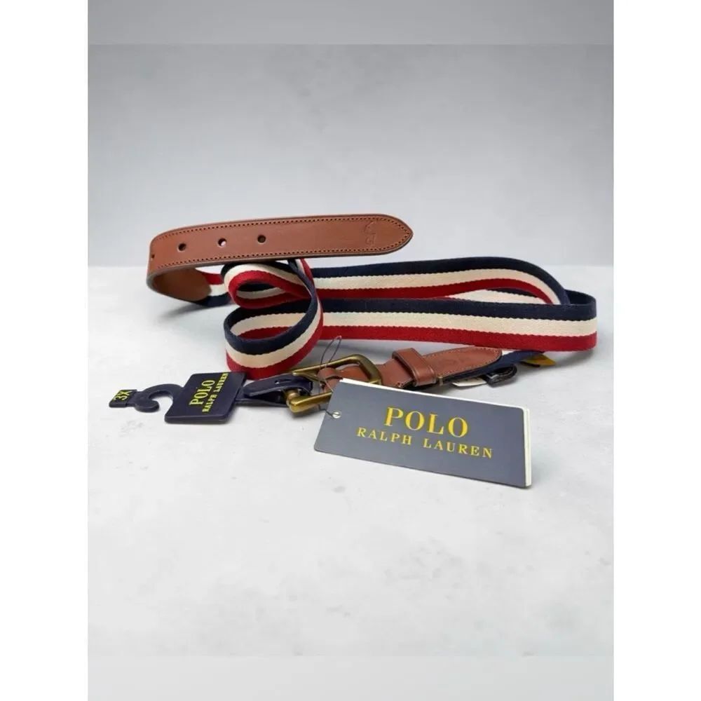 Polo Ralph Lauren Men’s 3X Canvas Stripe Belt Leather Golf Classic Preppy